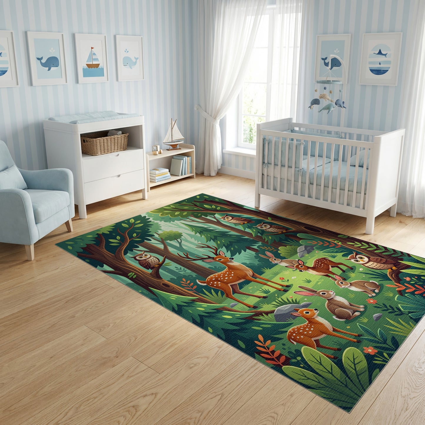 Whimsical Forest Deer Owls Rabbits Rug