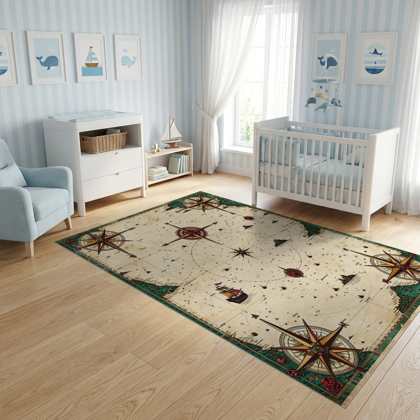 Vintage Nautical Compass Map Rug