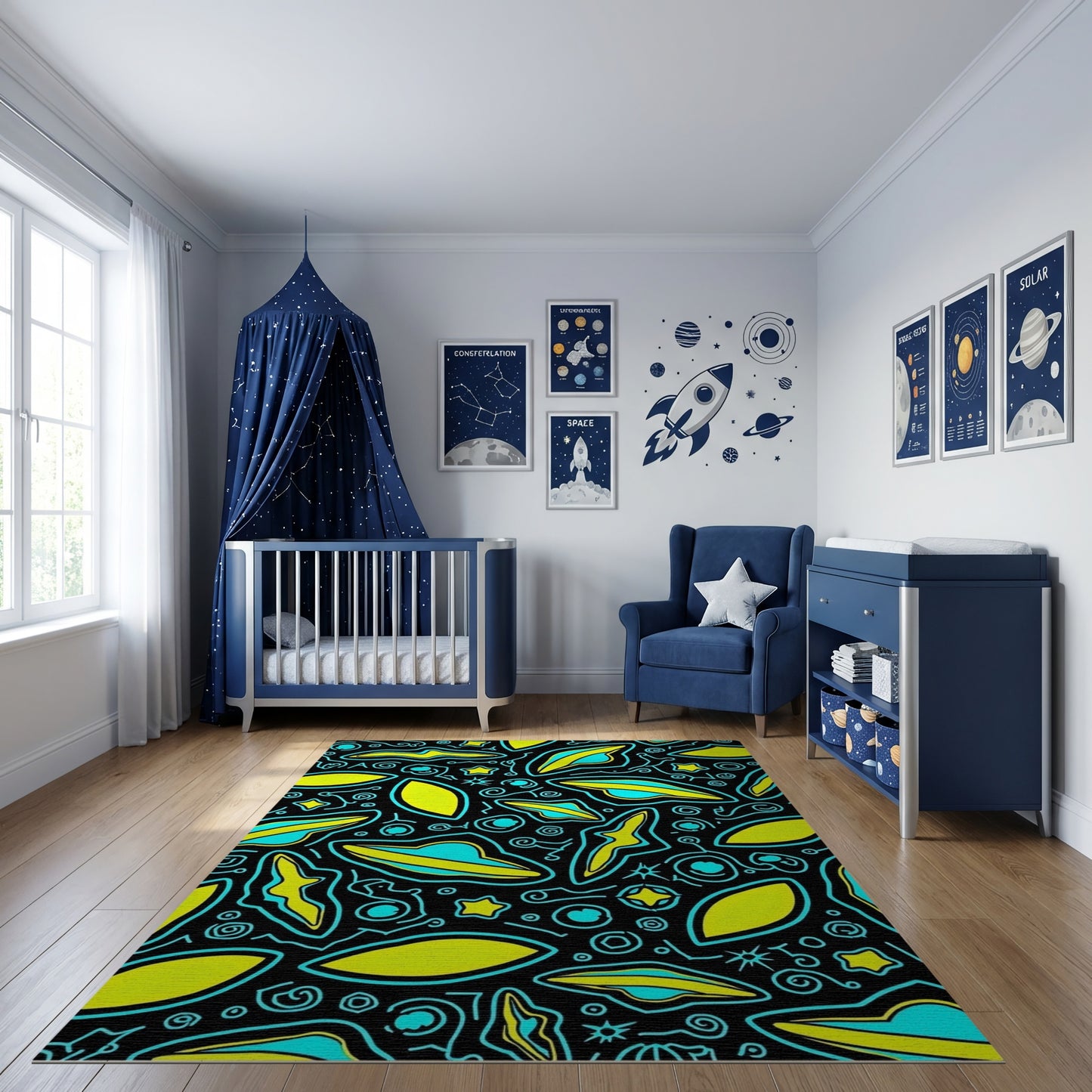 Black Yellow Teal UFO Stars Whimsical Rug
