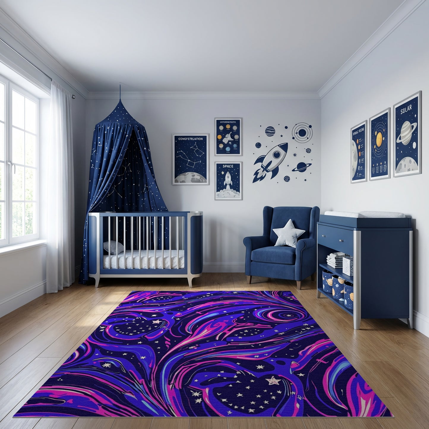 Navy Purple Cosmic Swirling Birds Stars Rug