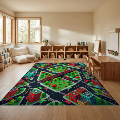 Vibrant Isometric City Bridge Rug