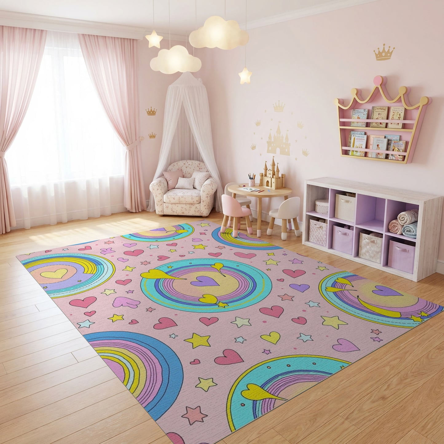 Whimsical Rainbow Hearts Stars Circles Rug
