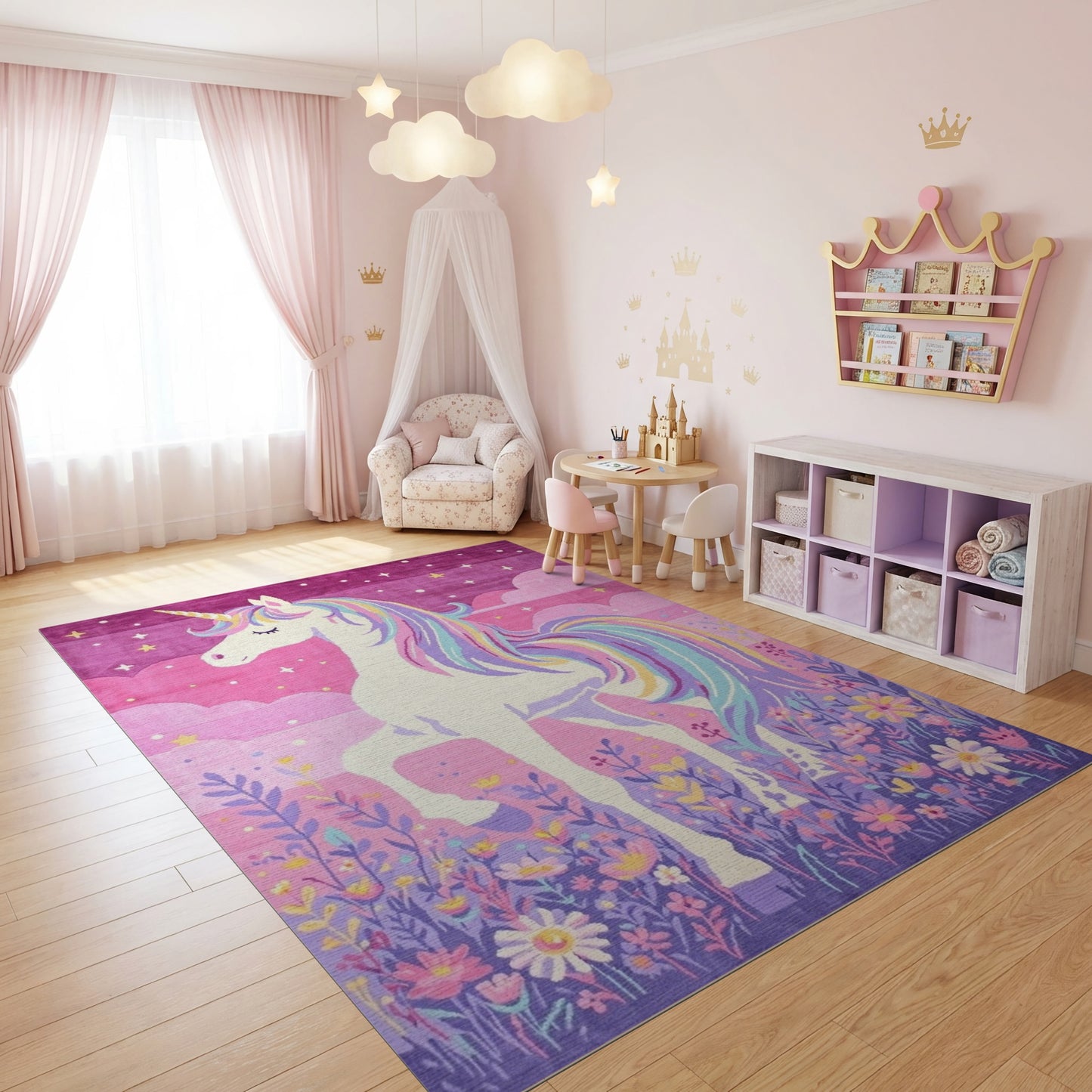 Whimsical Purple Unicorn Rainbow Stars Rug