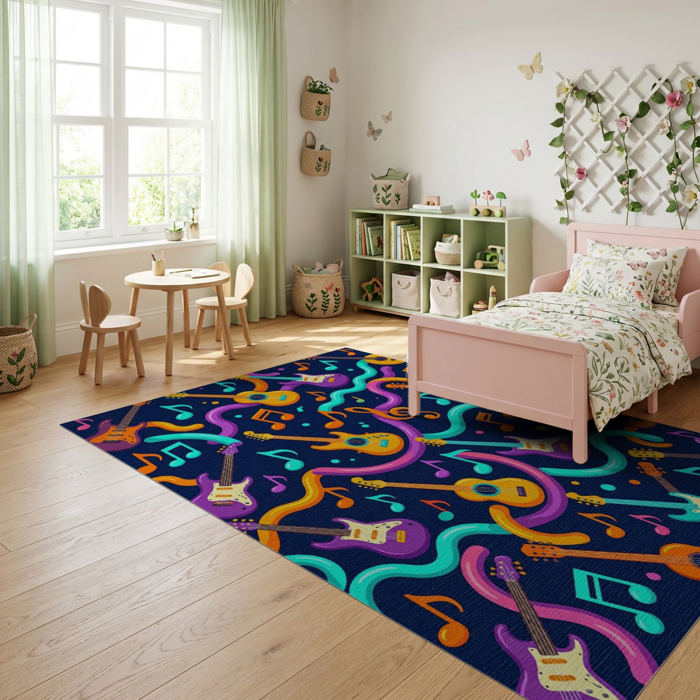 Vibrant Guitar Notes Wavy Swirls Rug