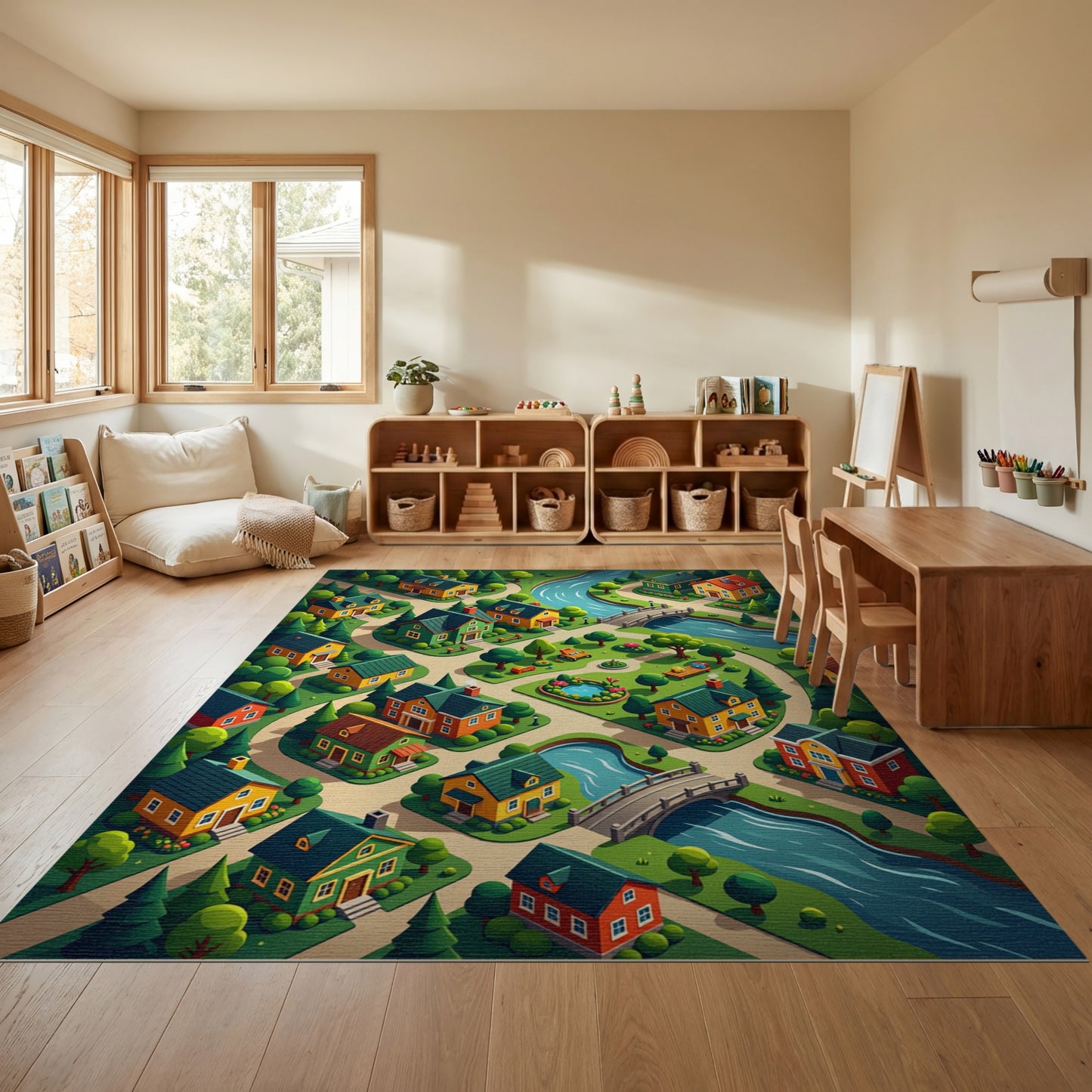 Whimsical Colorful Village River Forest Rug