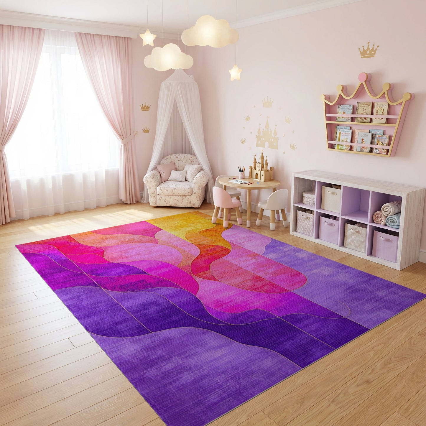 Vibrant Purple Pink Orange Abstract Waves Rug