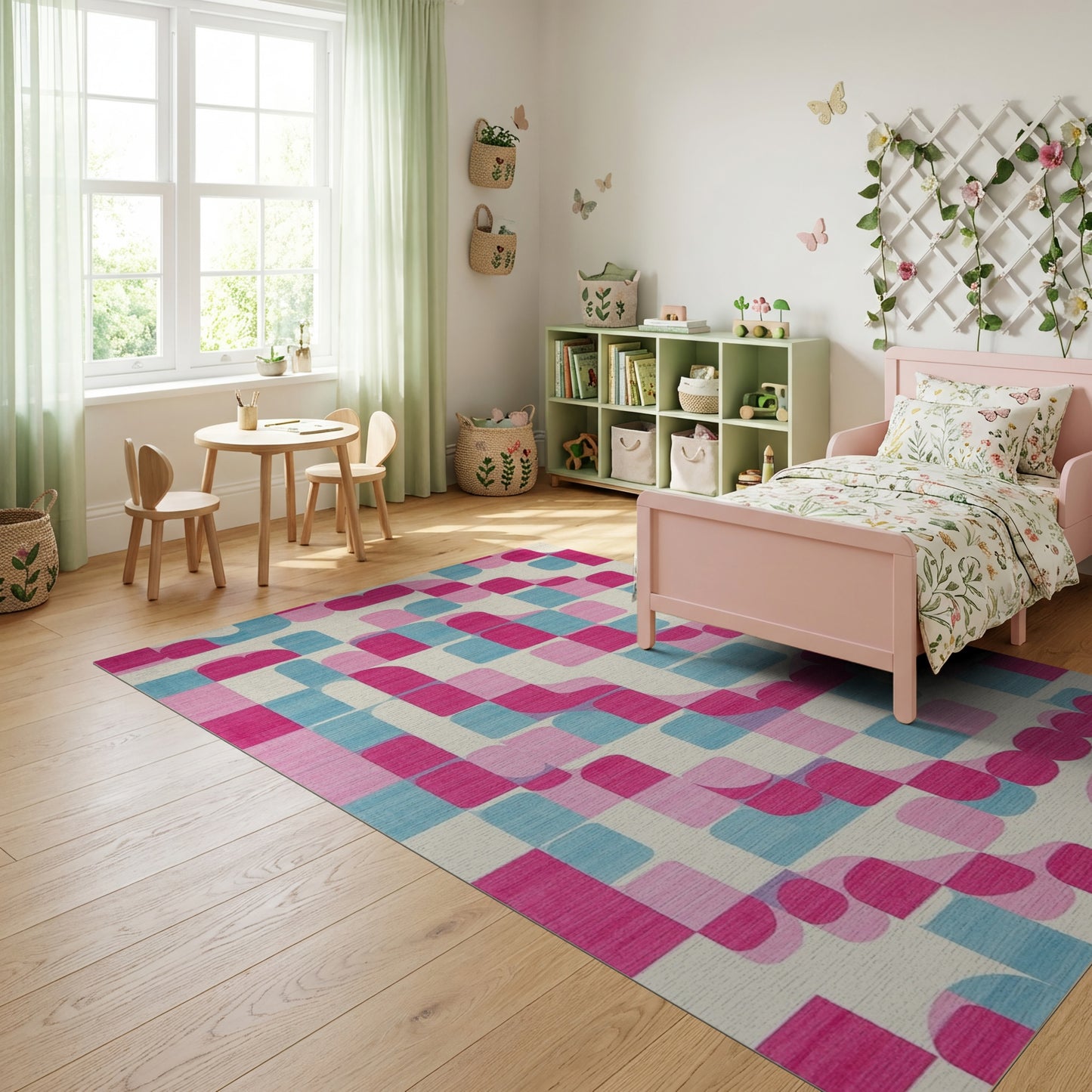 Vibrant Pink Teal Curved Geometric Rug