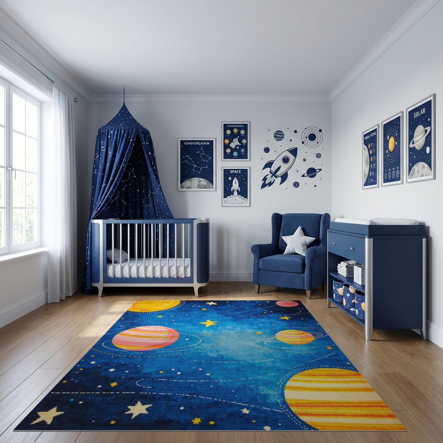Whimsical Cosmic Striped Planets Stars Rug