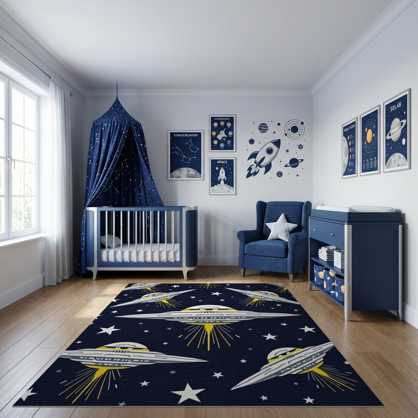 Whimsical Navy UFO Star Trail Rug