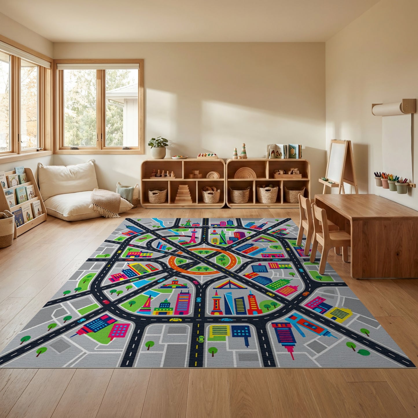 Vibrant City Streets Skyscrapers Rug