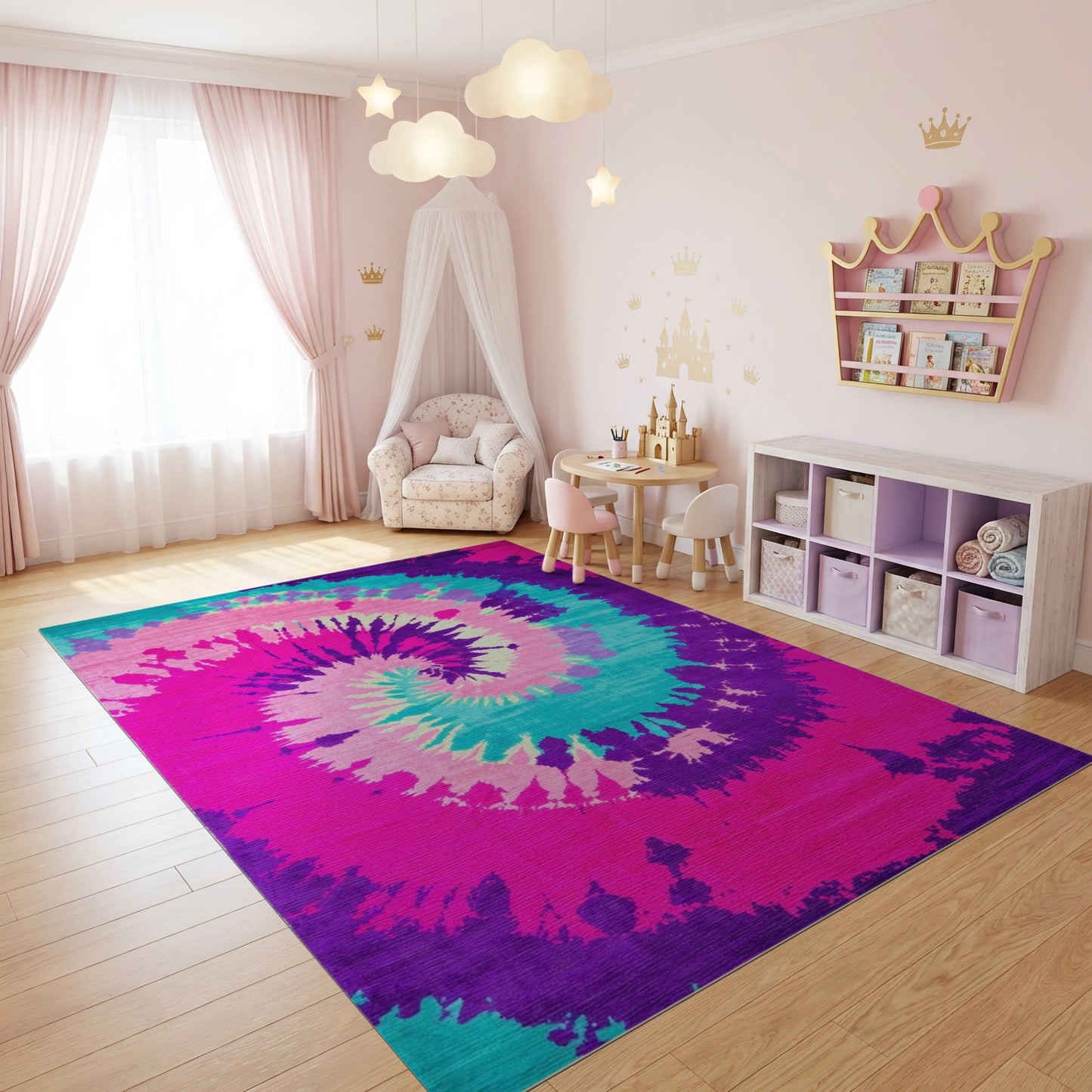 Pink Purple Teal Spiral Tie Dye Rug