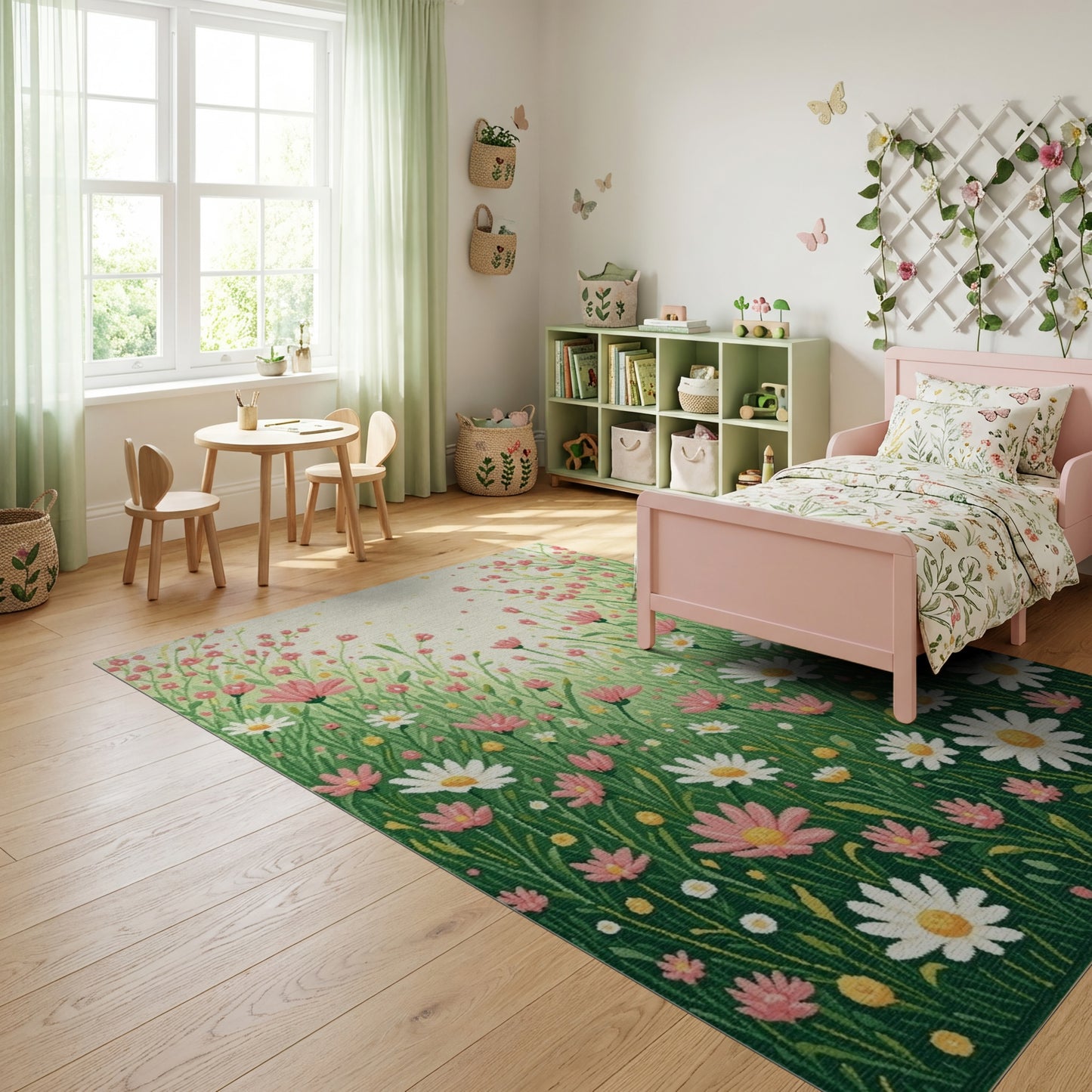 Whimsical Pink Green Daisy Meadow Rug