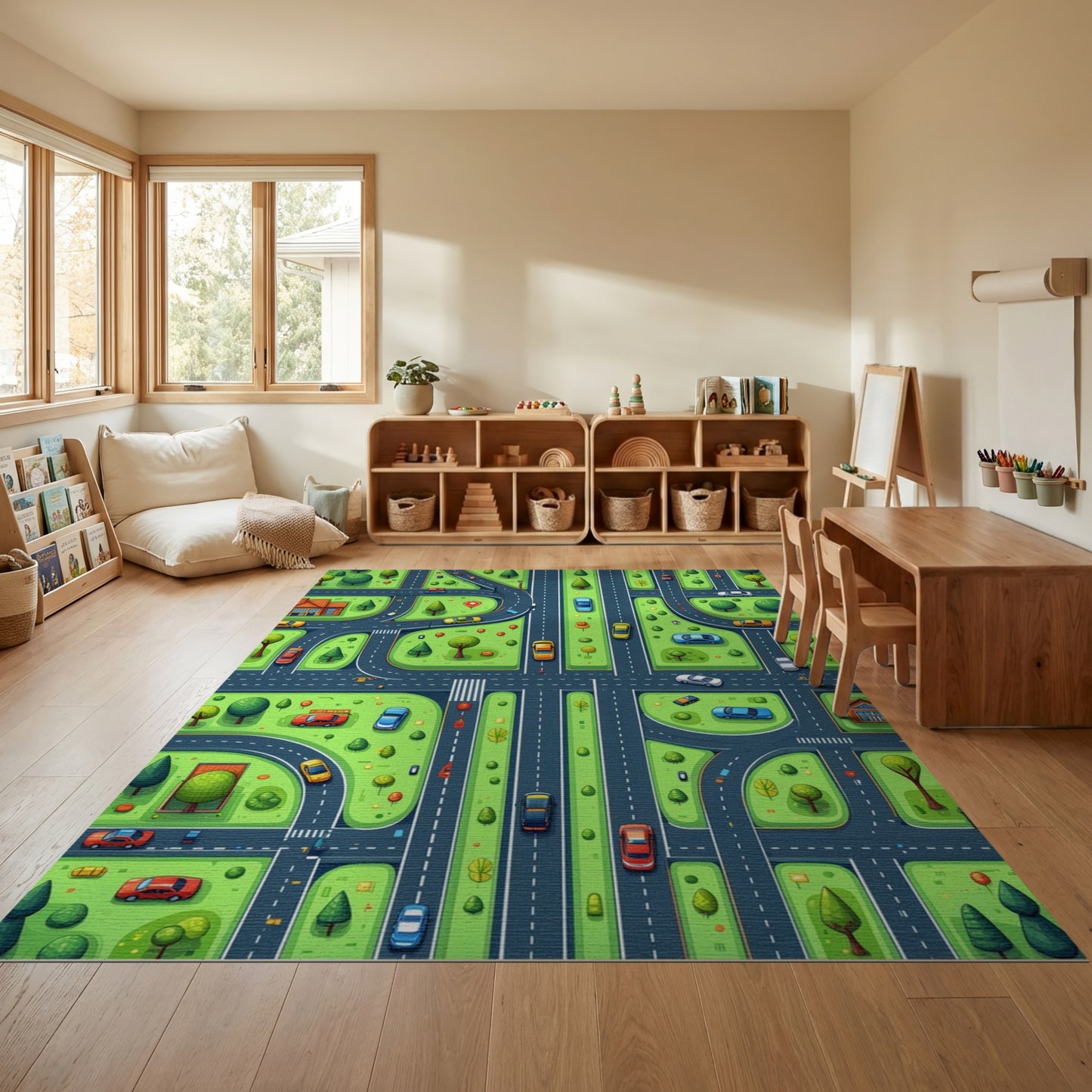 Whimsical Green Streets Cars Trees Rug