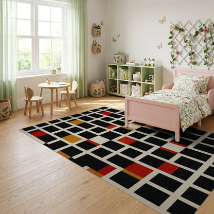 Geometric Black Red Gold Grid Rug