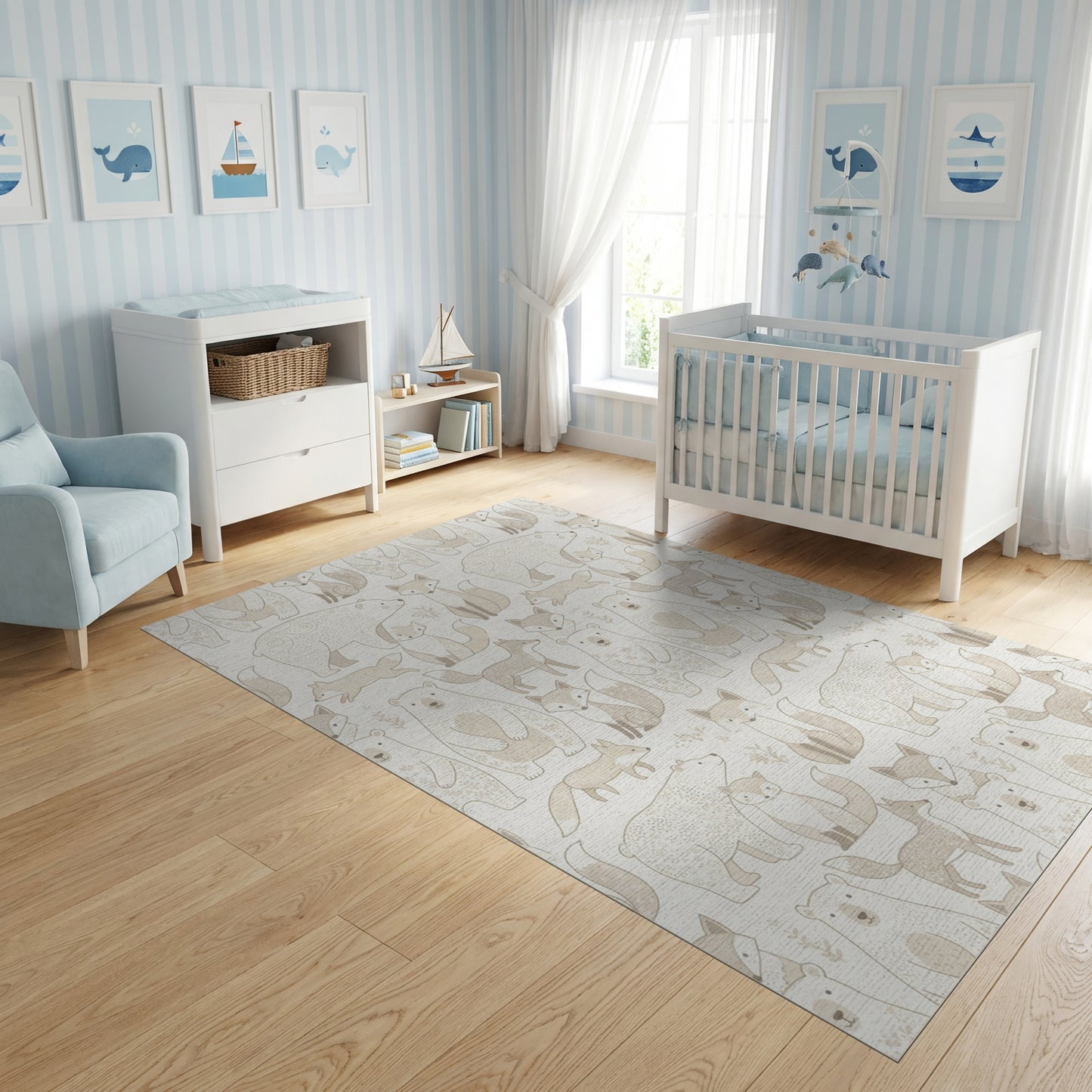 Whimsical Beige Fox Polar Bear Rug