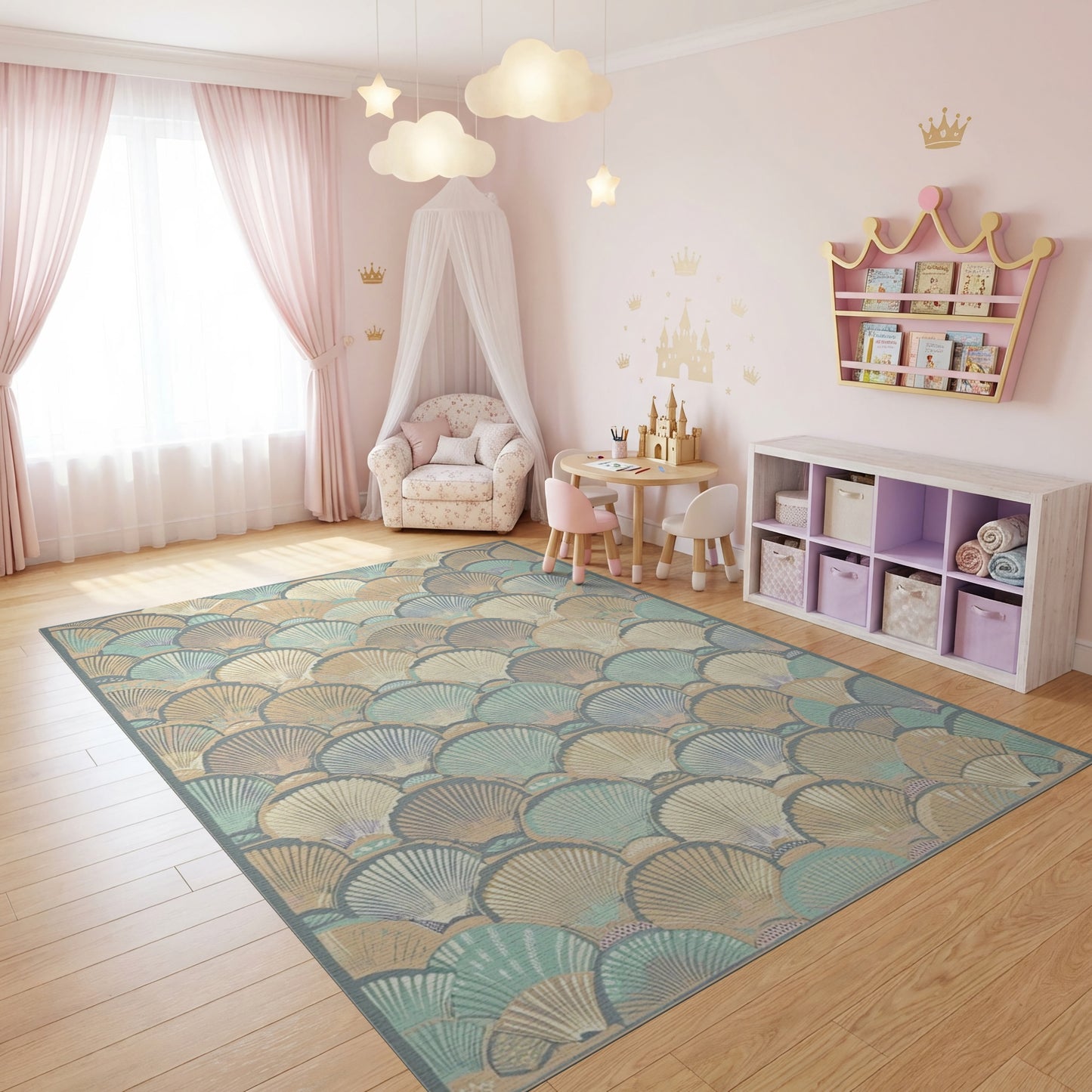 Teal Cream Scalloped Seashell Coastal Rug