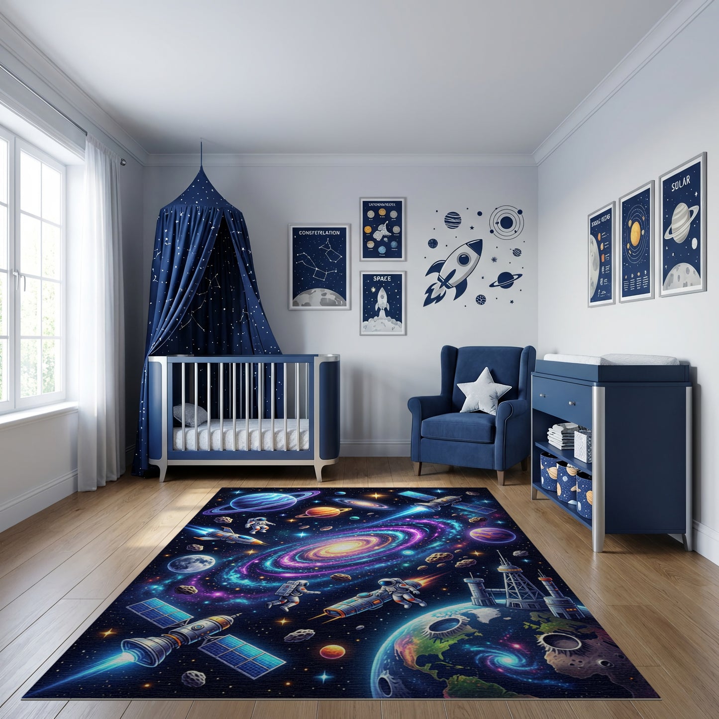 Vibrant Neon Cosmic Galaxy Astronauts Rug