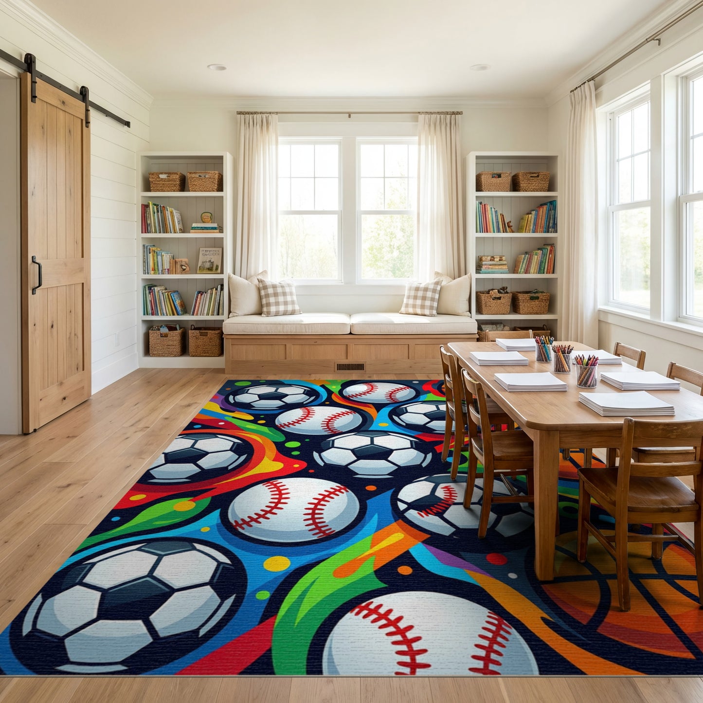 Vibrant Soccer Baseball Basketball Rainbow Rug