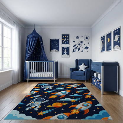 Whimsical Astronaut Rockets Stars Clouds Rug
