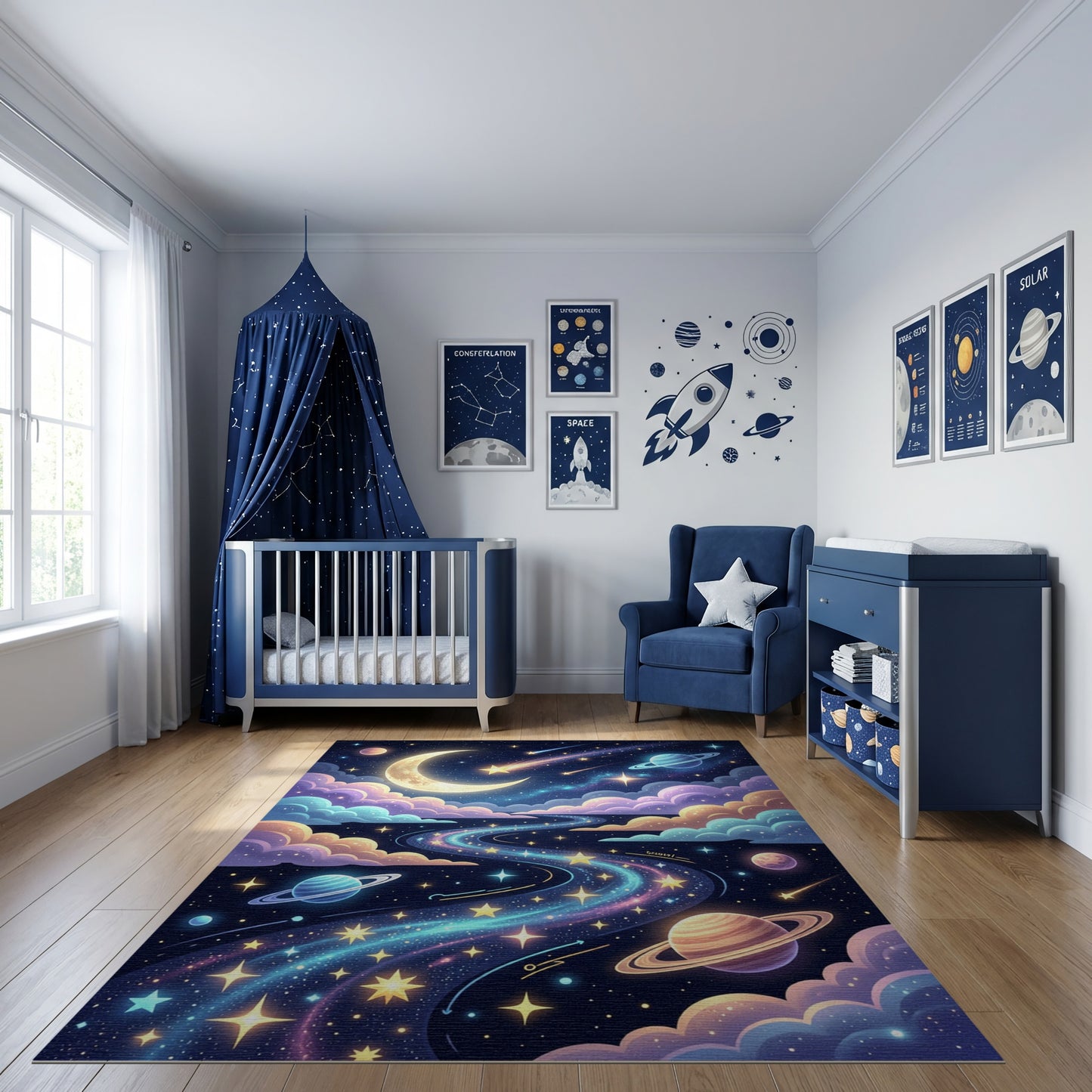 Dreamy Crescent Moon Planets Shooting Stars Rug