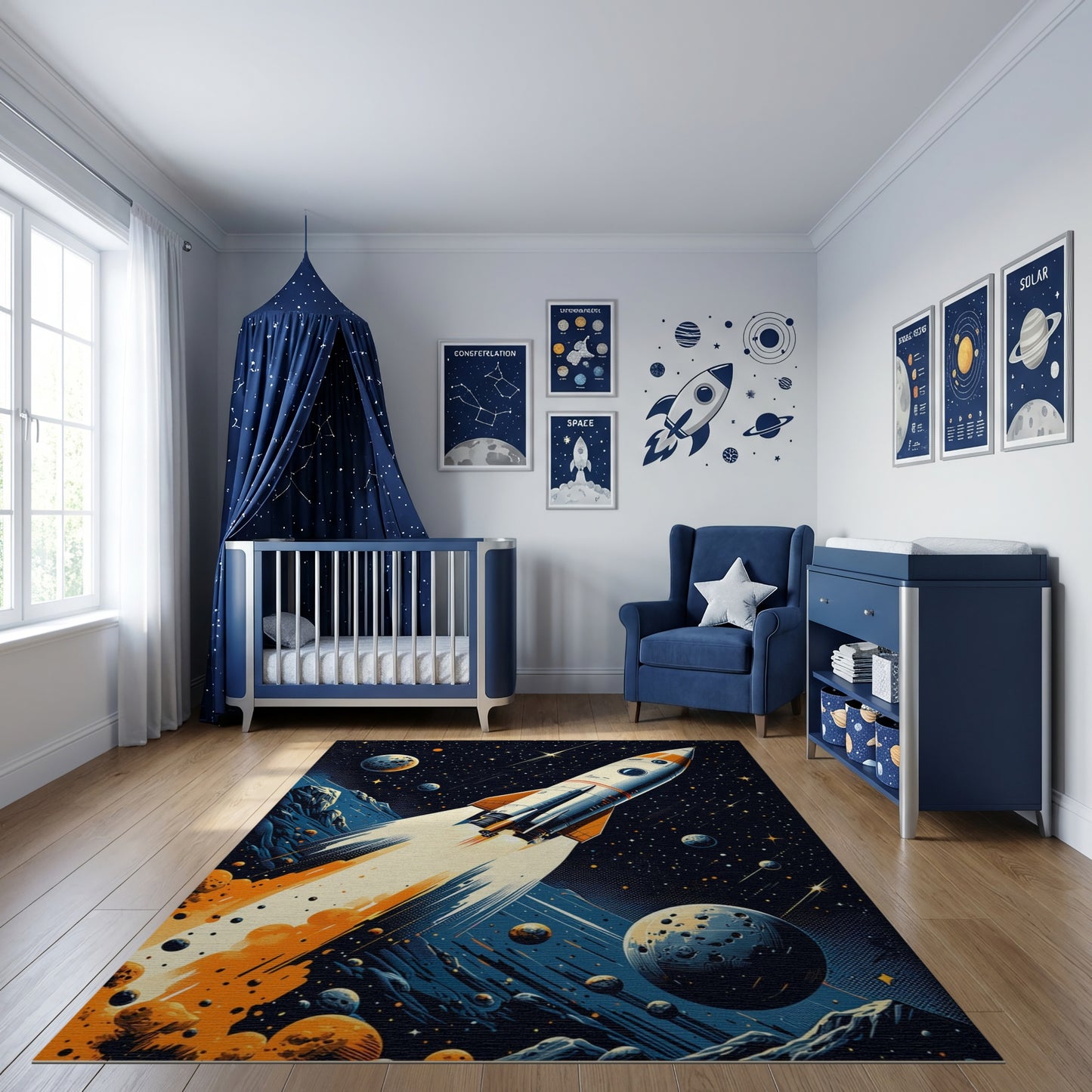Retro Rocket Launch Cosmic Stars Rug