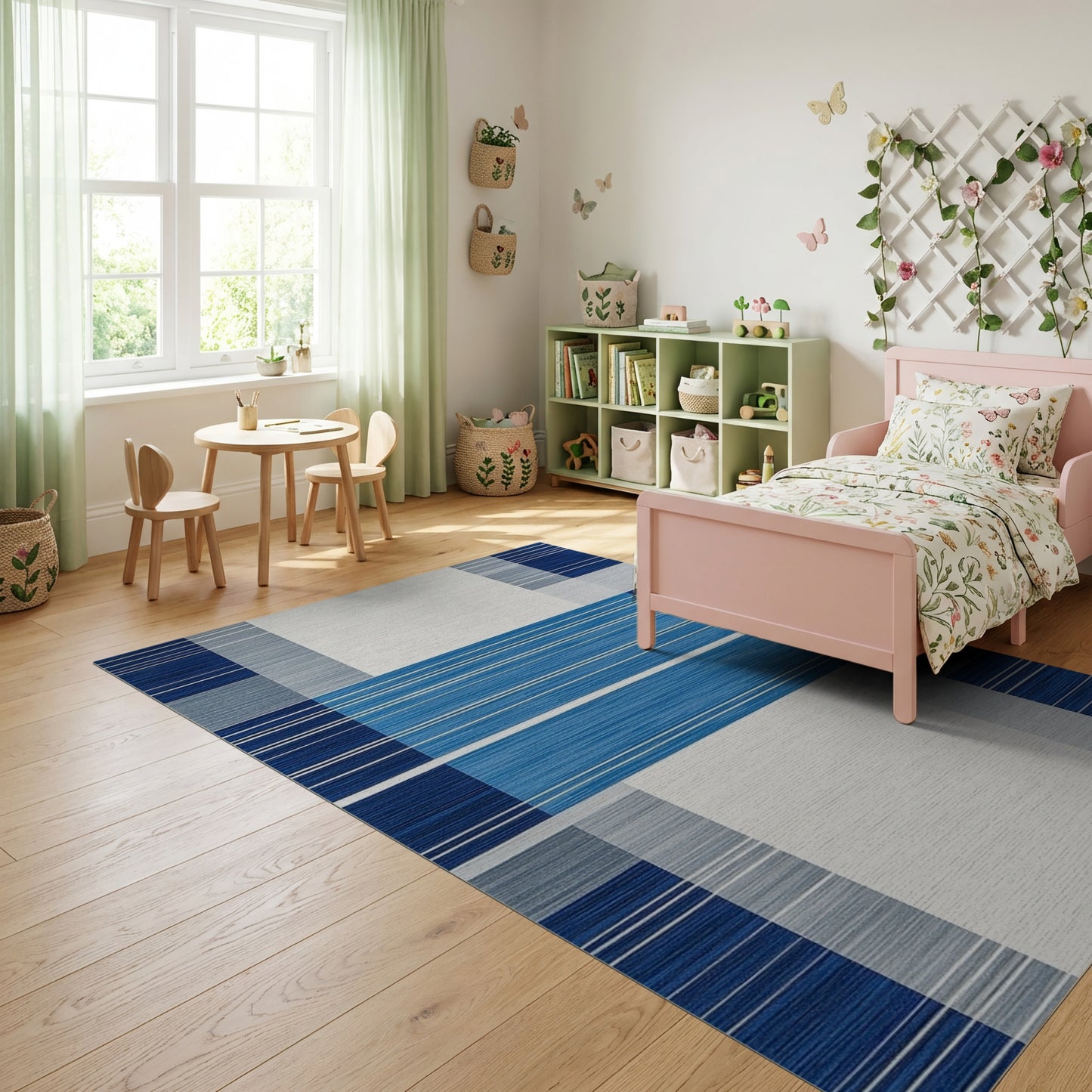 Modern Navy Gray Striped Geometric Rug