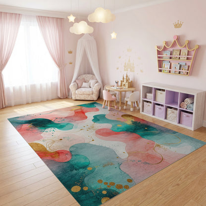 Abstract Fluid Teal Pink Gold Rug