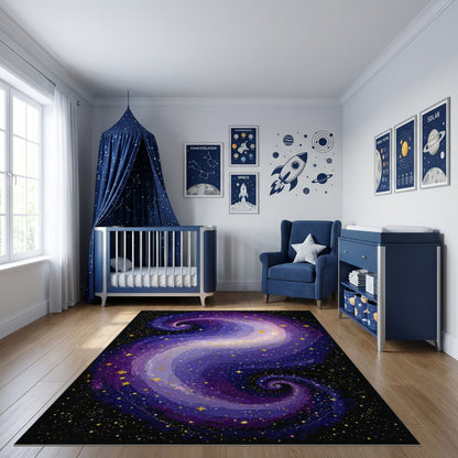 Cosmic Purple Gold Swirling Stars Rug