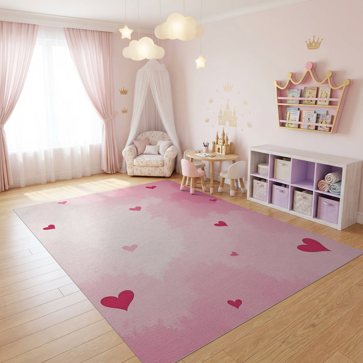 Romantic Pink Scattered Hearts Gradient Rug