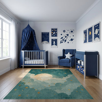 Teal Whimsical Stars Moon Clouds Rug