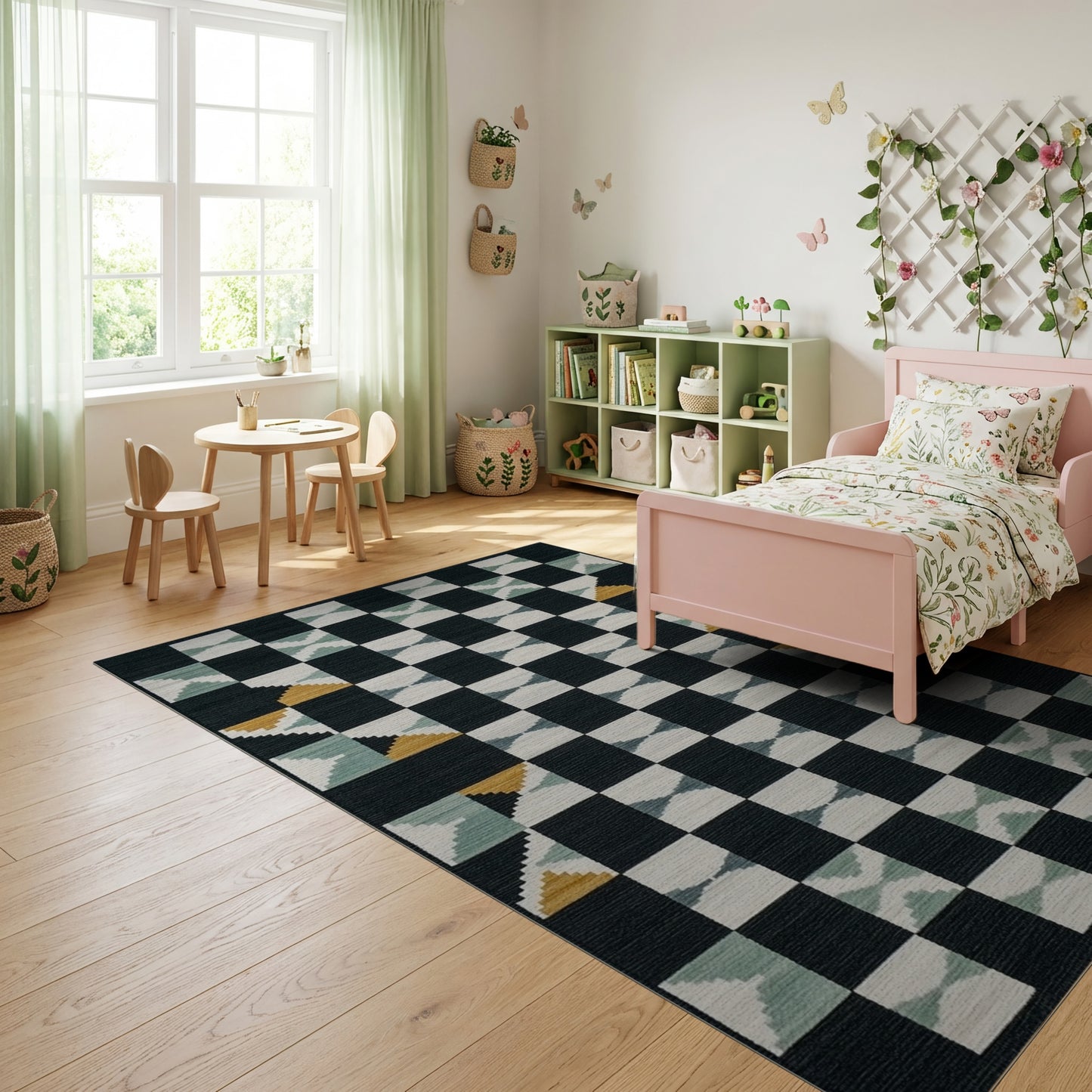 Modern Black Teal Geometric Diamond Rug