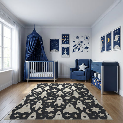 Retro Rocket Star Moon Planet Rug