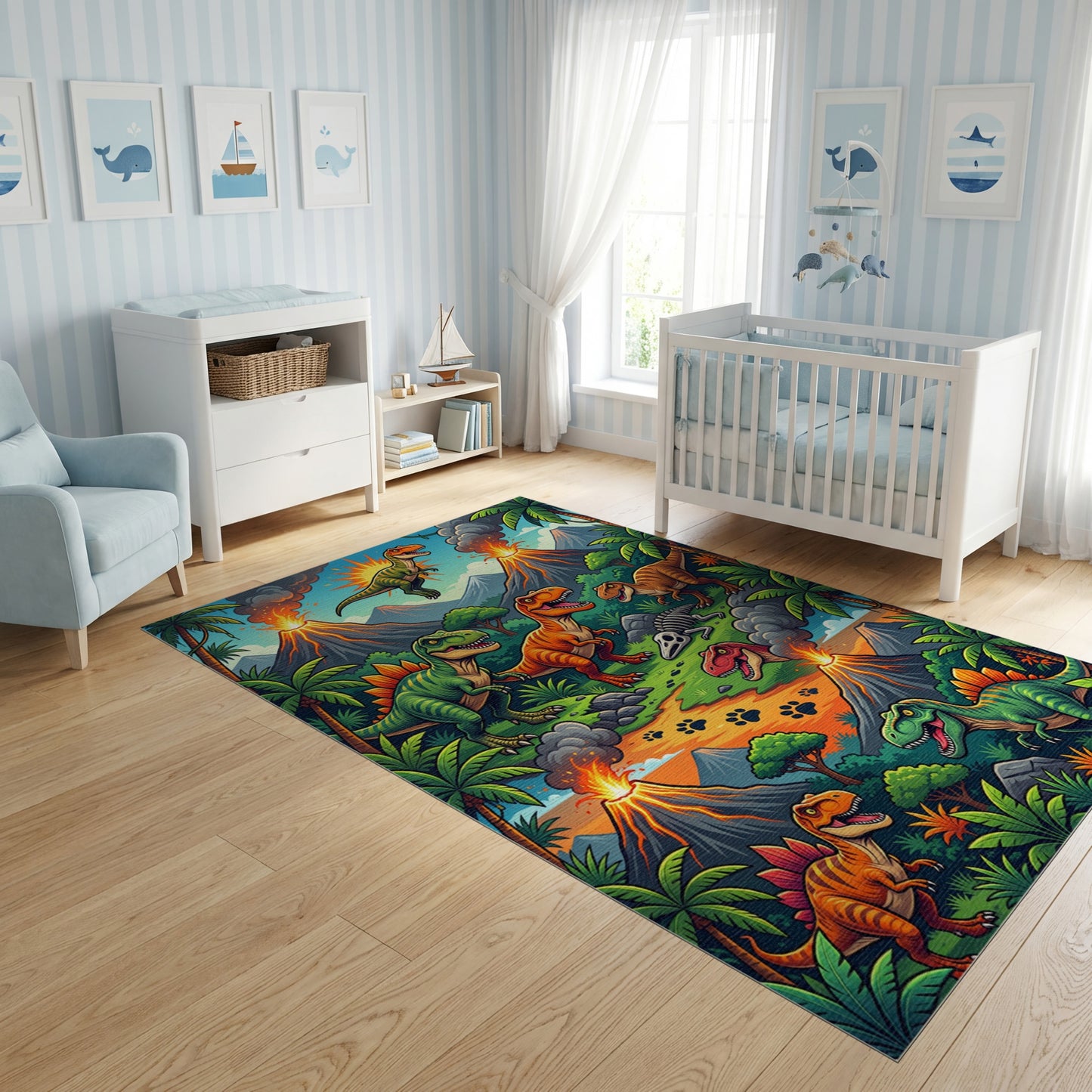 Vibrant Dinosaur Volcano Jungle Rug