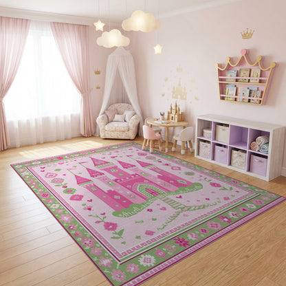 Whimsical Pink Green Castle Floral Rug