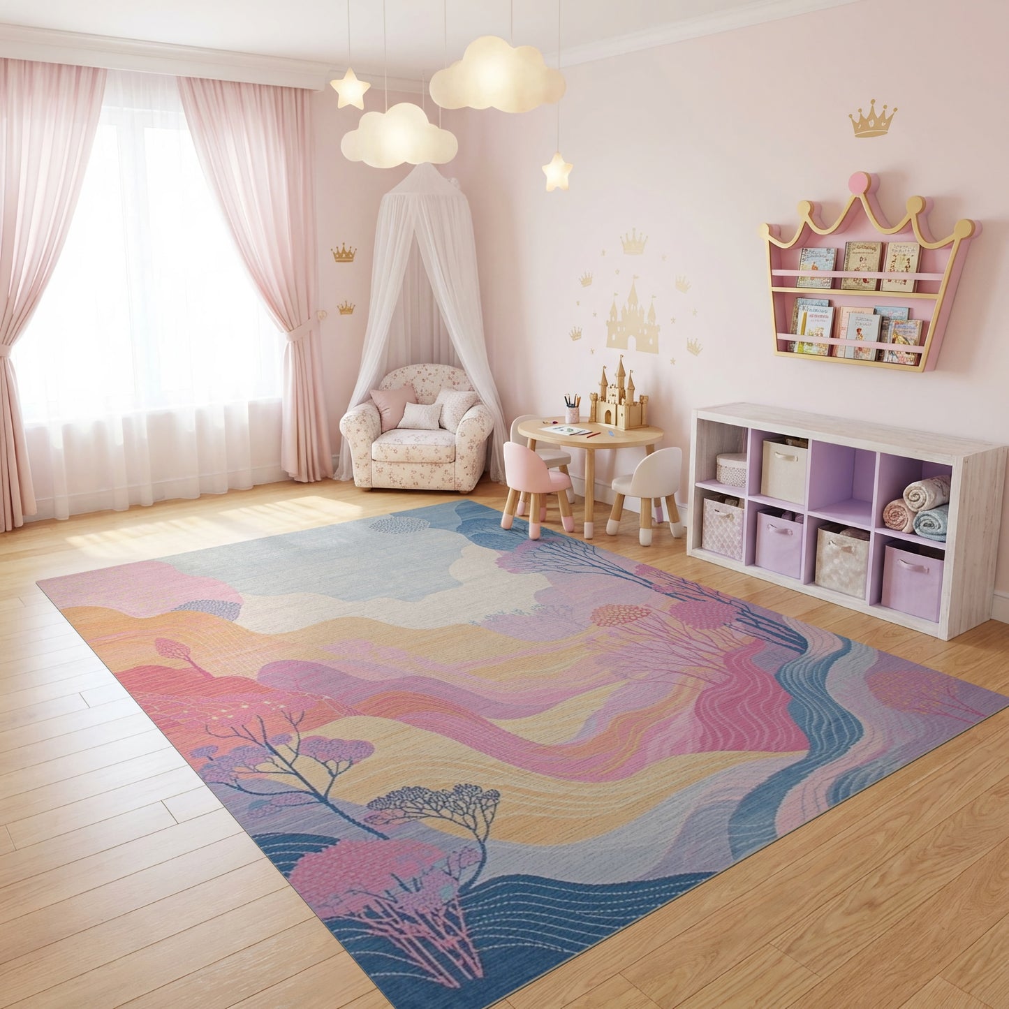 Dreamy Wavy Pastel Mountain Trees Rug