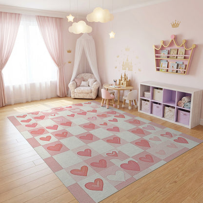 Whimsical Pink White Checkered Hearts Rug
