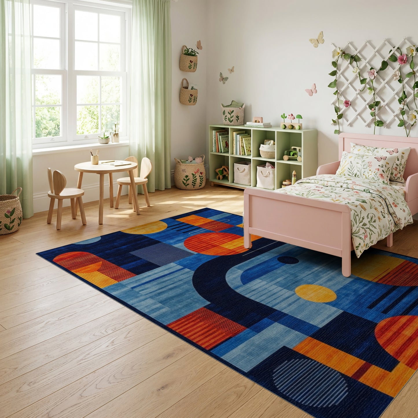 Modern Navy Orange Geometric Circles Rug
