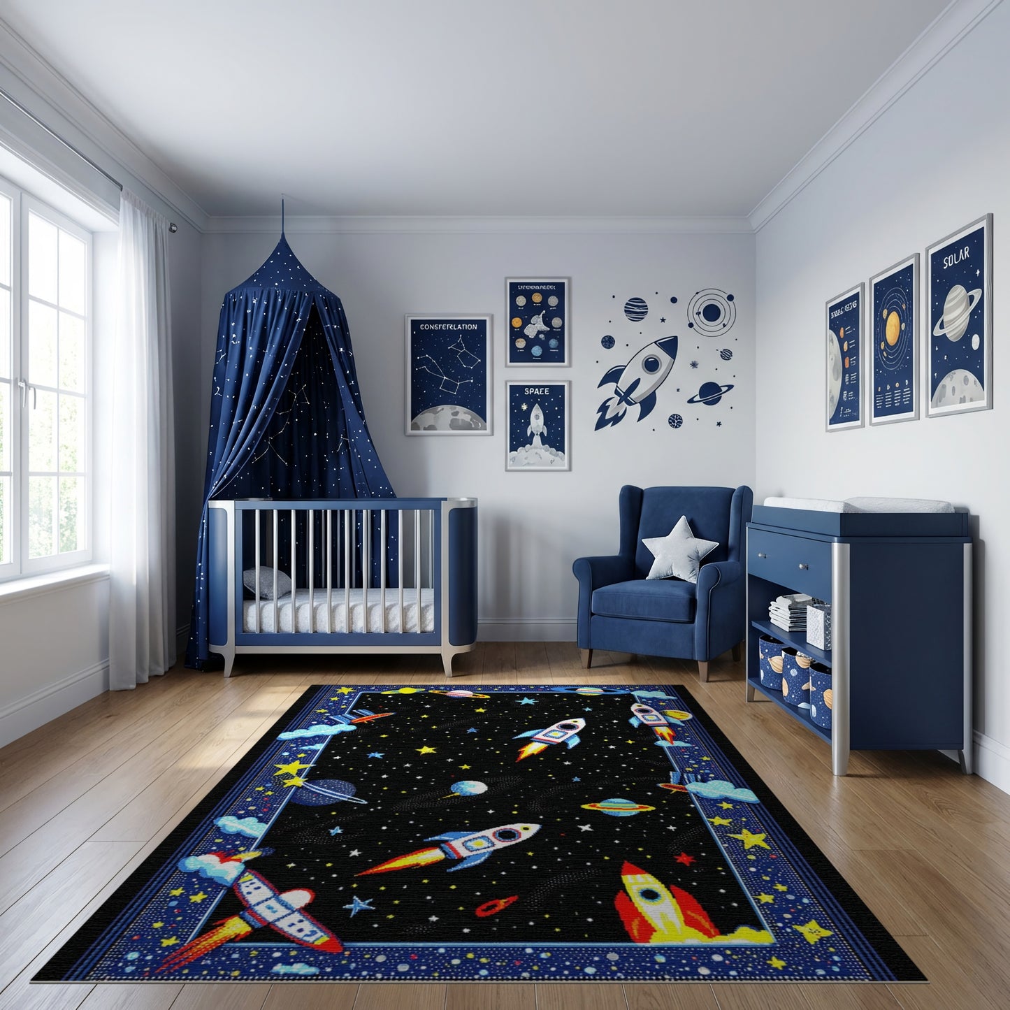 Whimsical Rockets Stars Planets Rug