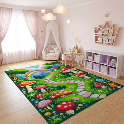 Whimsical Mushroom Rainbow Forest Path Rug
