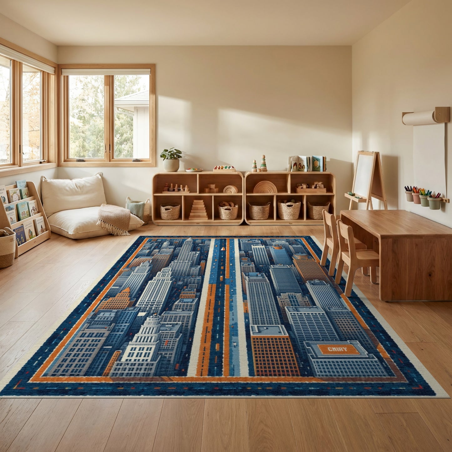 Urban Navy Orange Skyline Rug