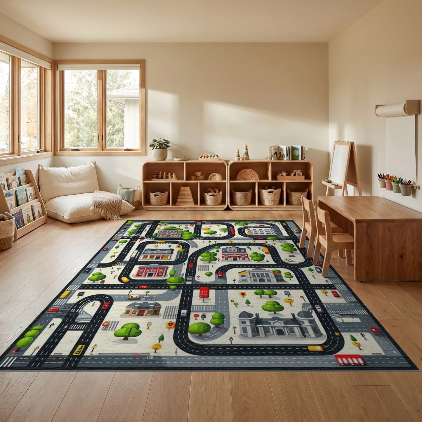 Whimsical City Roads Buildings Trees Rug