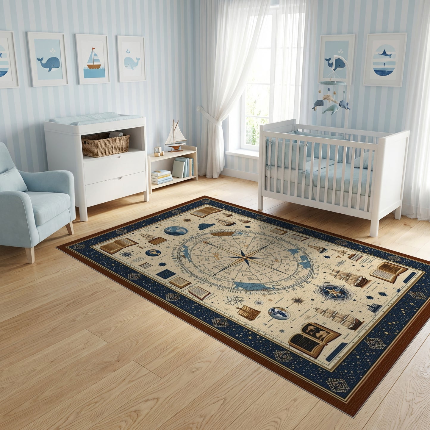 Vintage Nautical Celestial Compass Rug