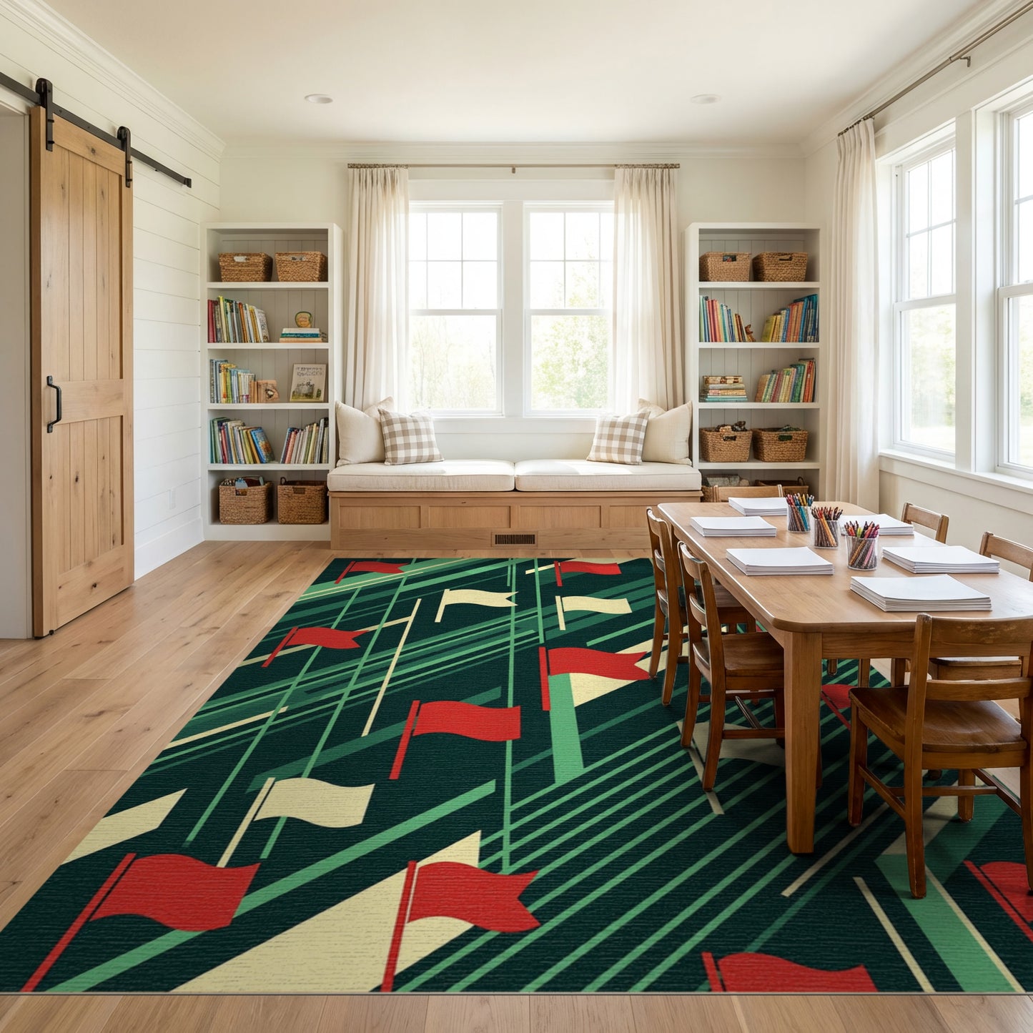 Geometric Red White Flags Diagonal Green Rug