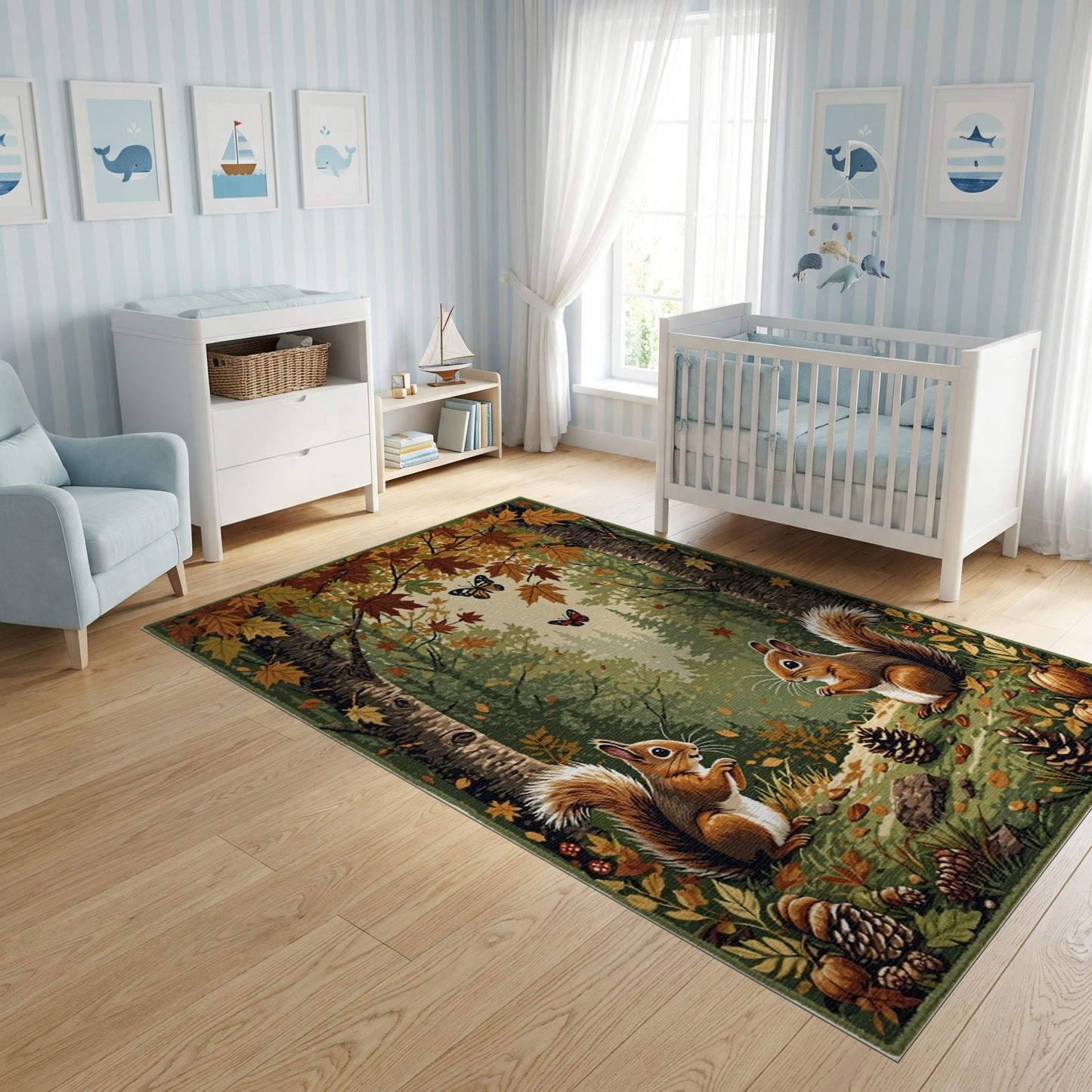 Whimsical Autumn Squirrels Forest Butterflies Rug