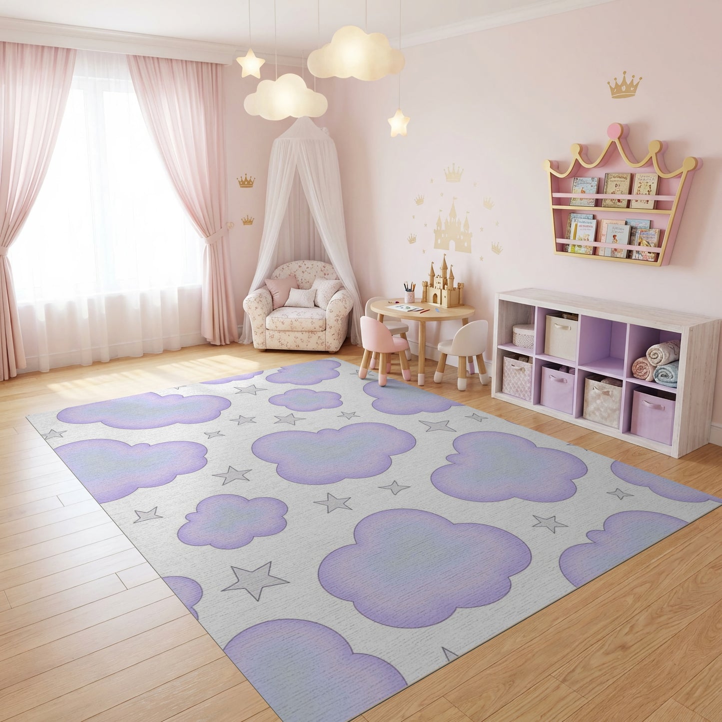 Whimsical Purple Clouds Silver Stars Rug