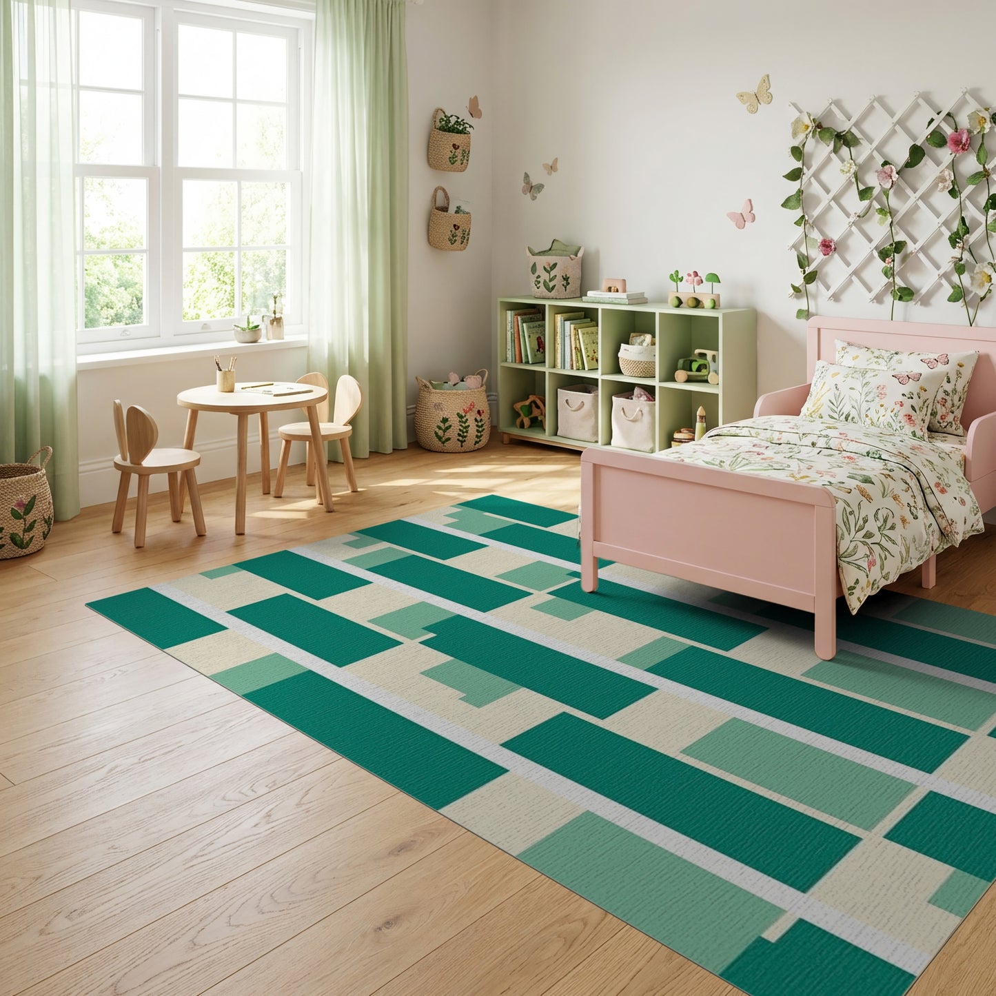 Modern Green Cream Block Stack Rug
