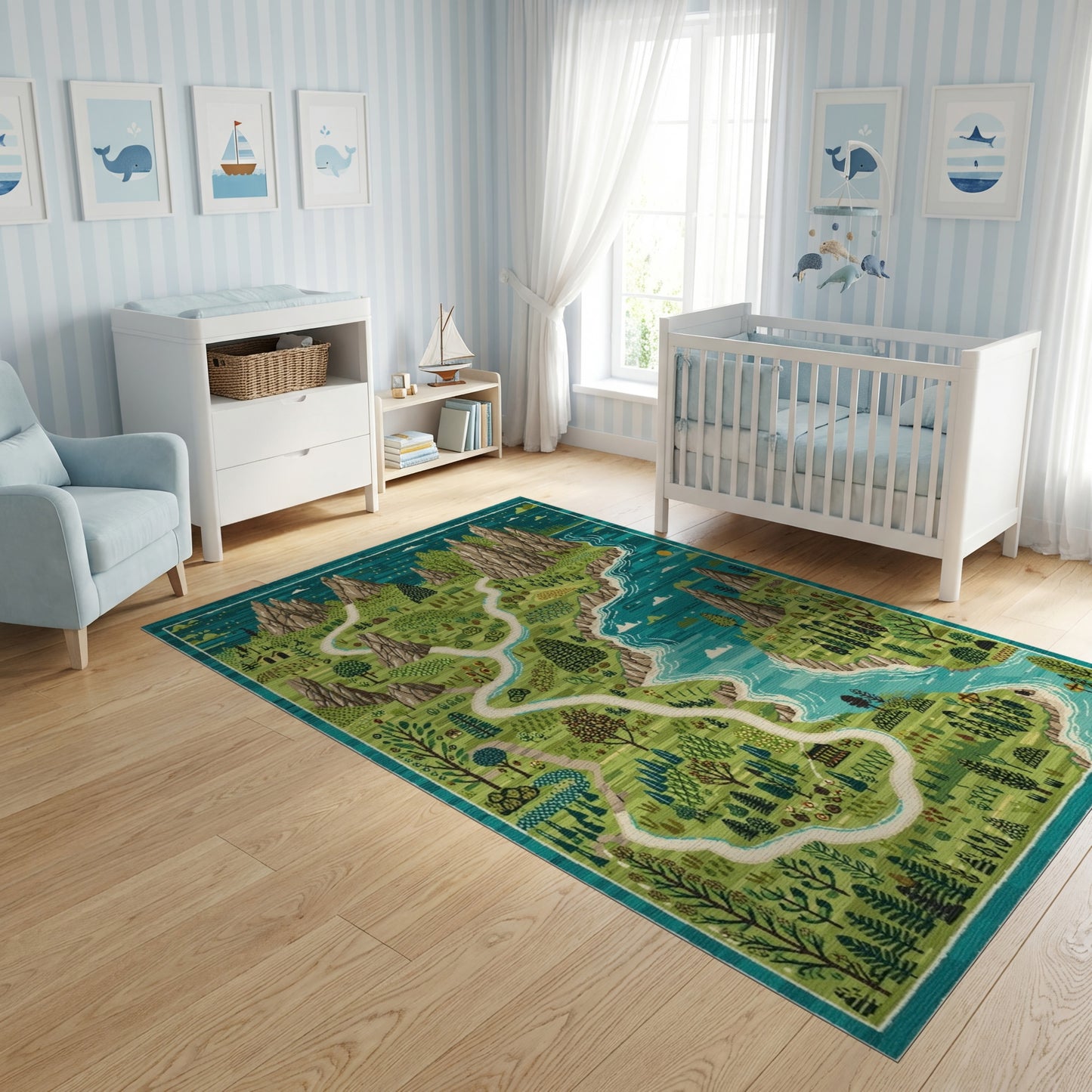 Whimsical Teal Mountain River Forest Path Rug