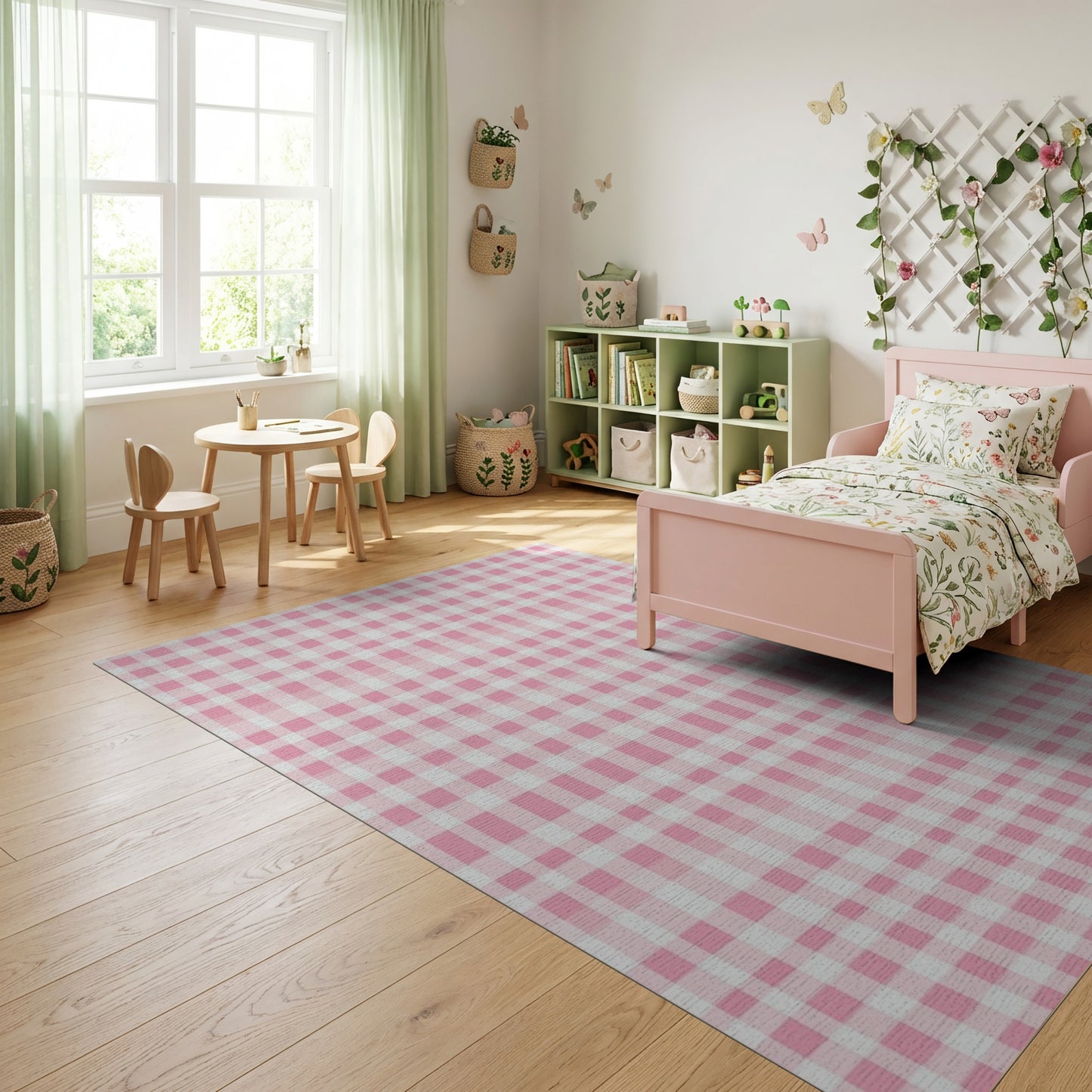 Pink White Gingham Checkered Rug