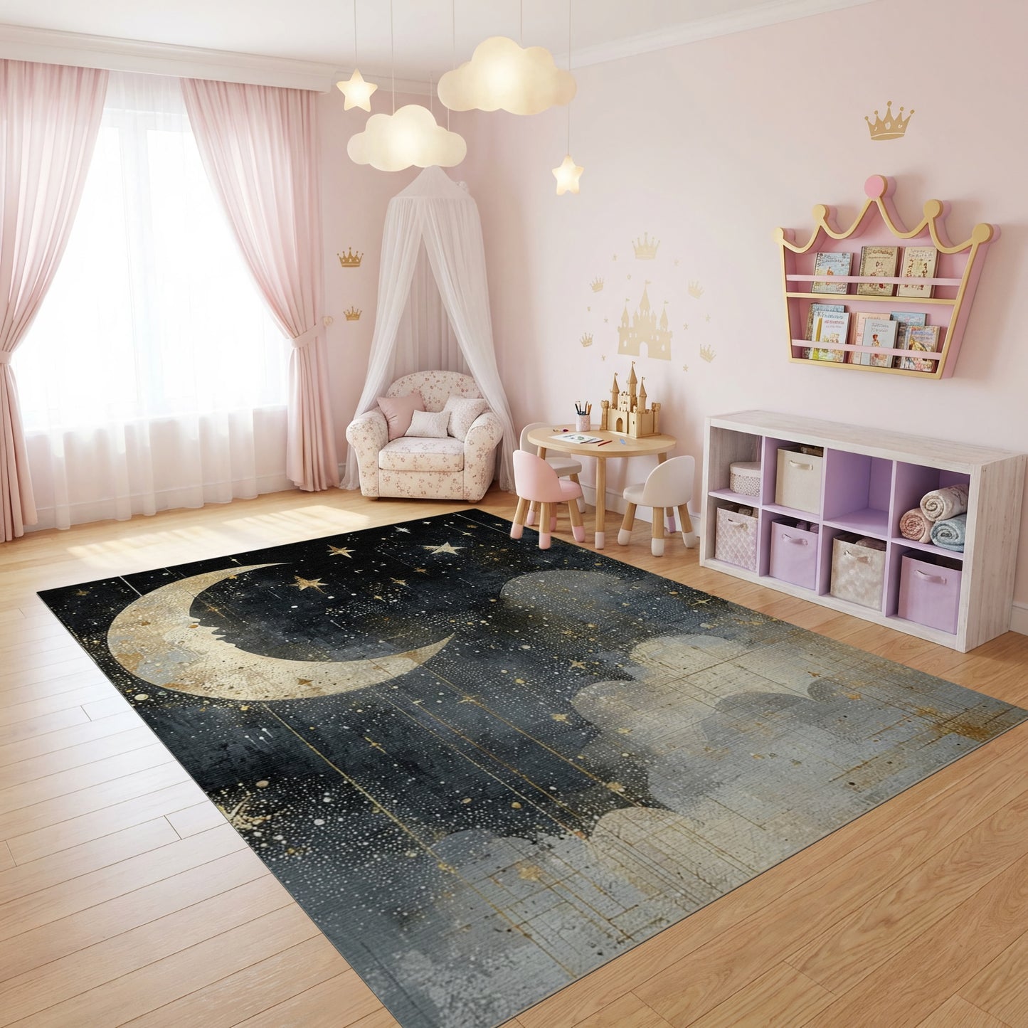 Mystical Golden Moon Stars Clouds Rug