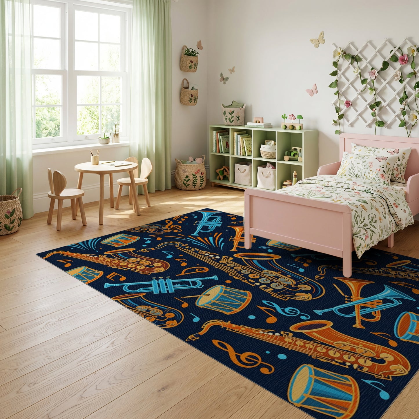 Vibrant Saxophone Trumpet Drum Notes Rug